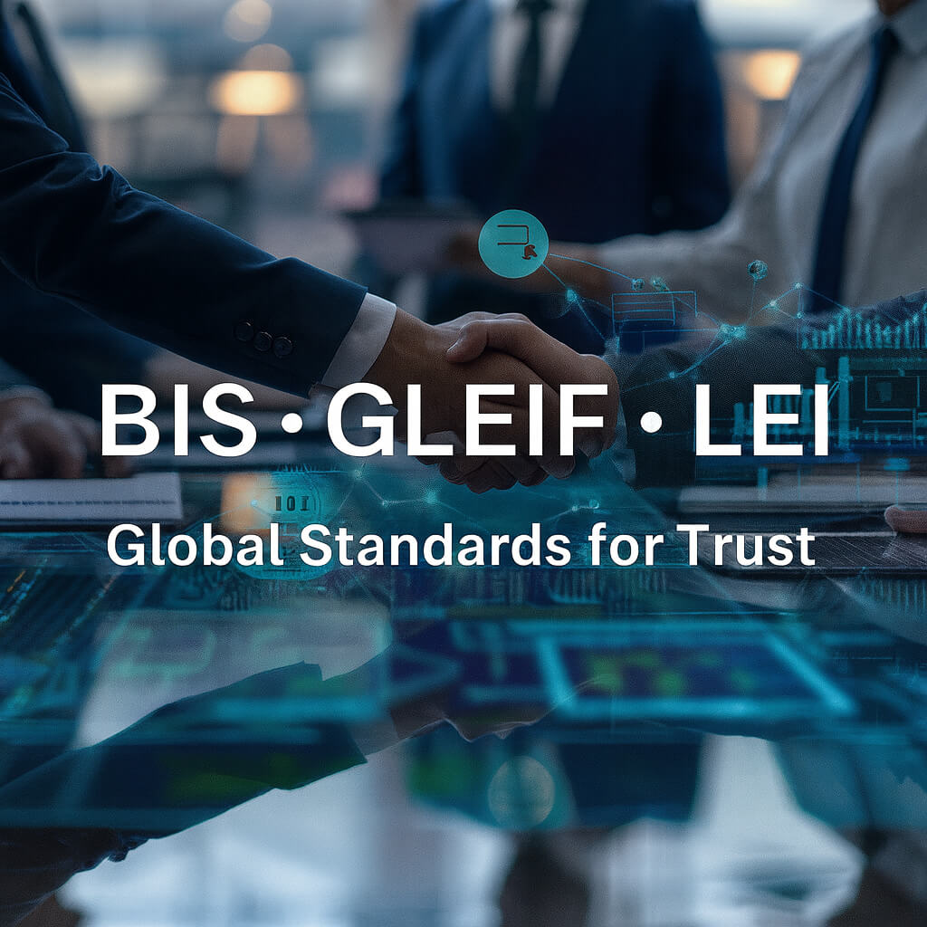 Handschlag mit digitalem Netzwerk-Overlay und Text BIS • GLEIF • LEI – Globale Standards für Vertrauen
