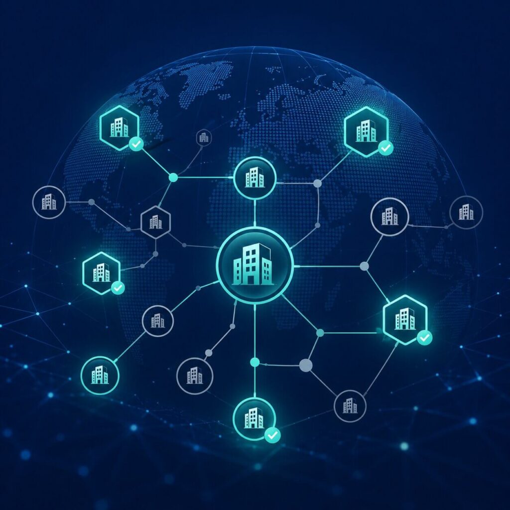 Globales Netzwerk verifizierter und nicht verifizierter Rechtsträger, das den KYB-Prozess mithilfe von LEI-Codes veranschaulicht